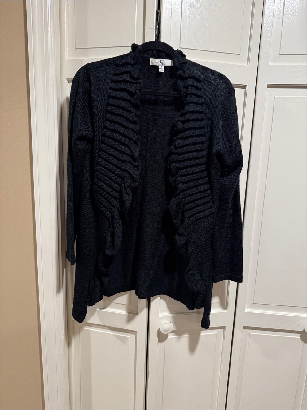 One 7 Six Black Ruffle-Trim Open Front Cardigan